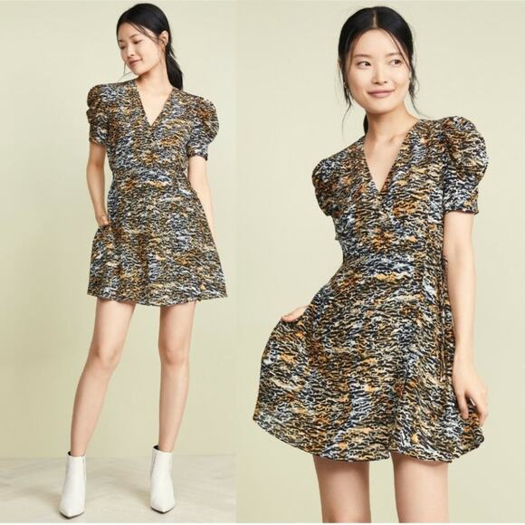 Saloni Lea Wrap Silk Crepe Mini Dress in Ink Tiger Print - Picture 1 of 7